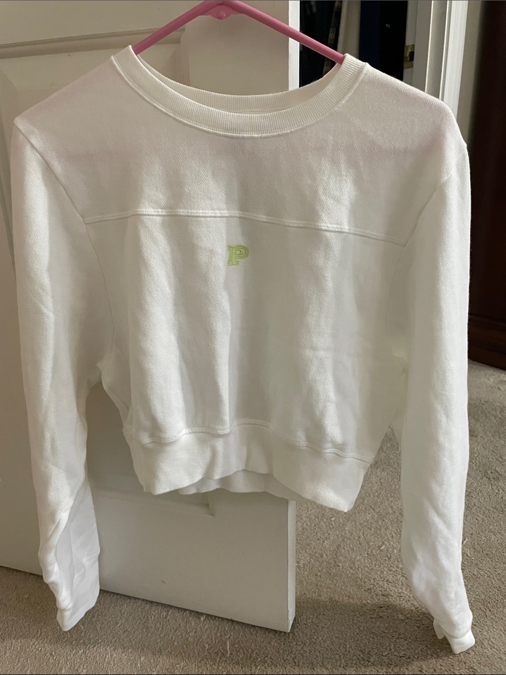 PINK Victoria's Secret White Crewneck Sweatshirt with Lime 'P' Logo